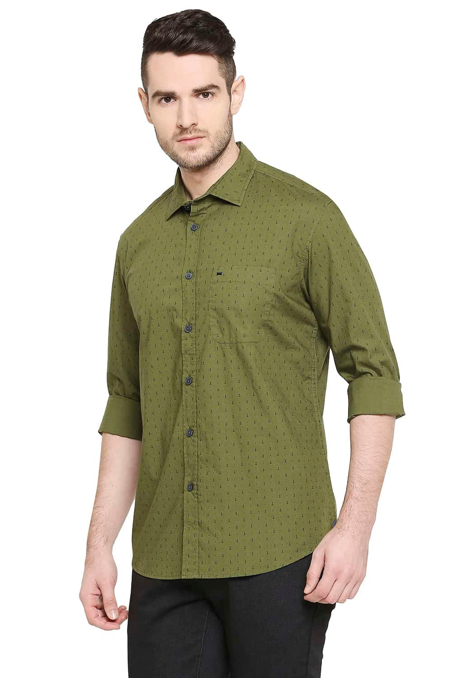 BASICS SLIM FIT CHIVE OLIVE PRINTED SHIRT