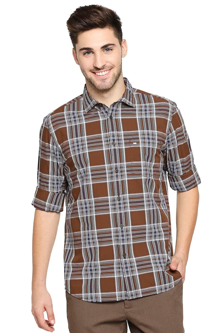 BASICS SLIM FIT DESSERT BROWN CHECKS SHIRT