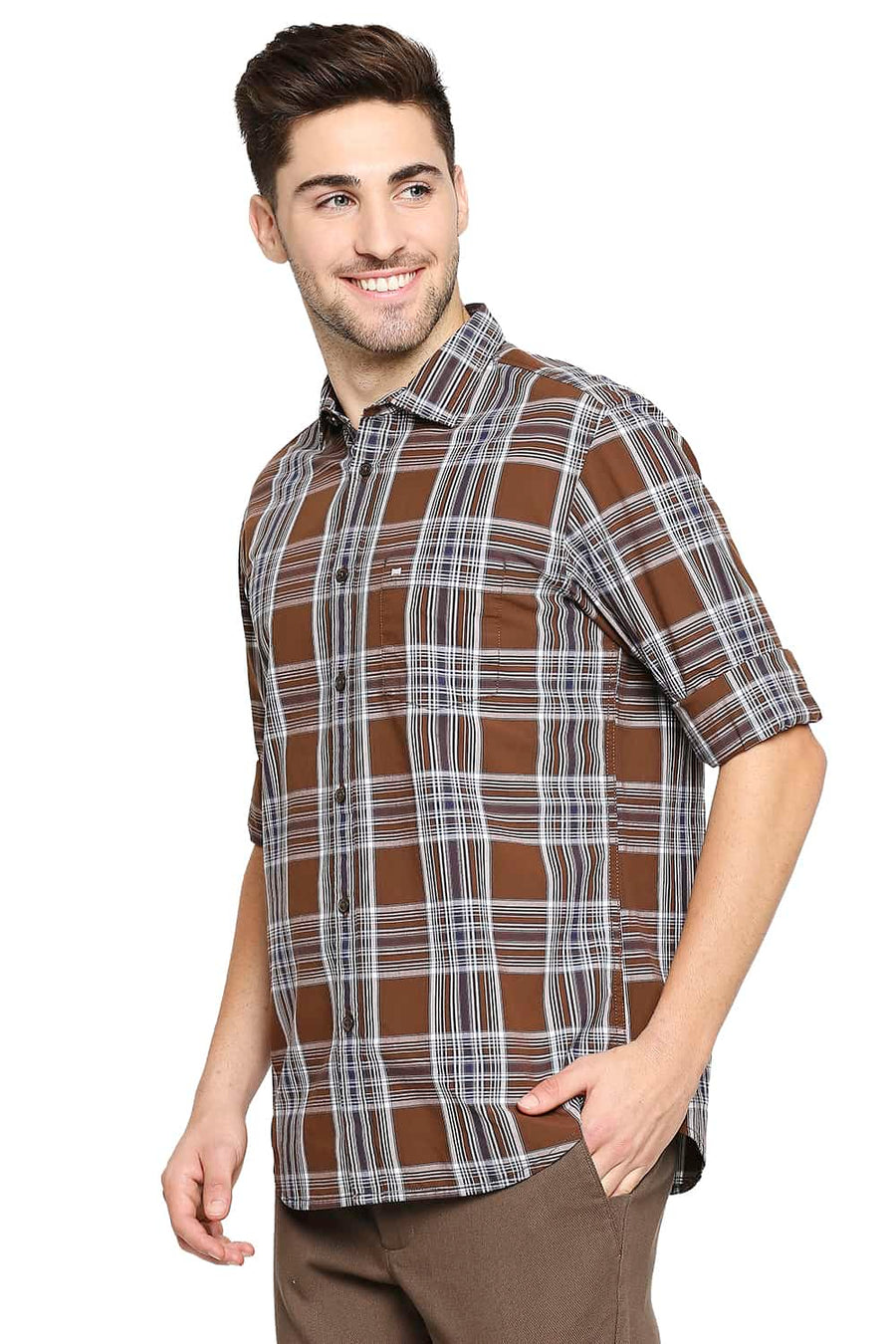 BASICS SLIM FIT DESSERT BROWN CHECKS SHIRT
