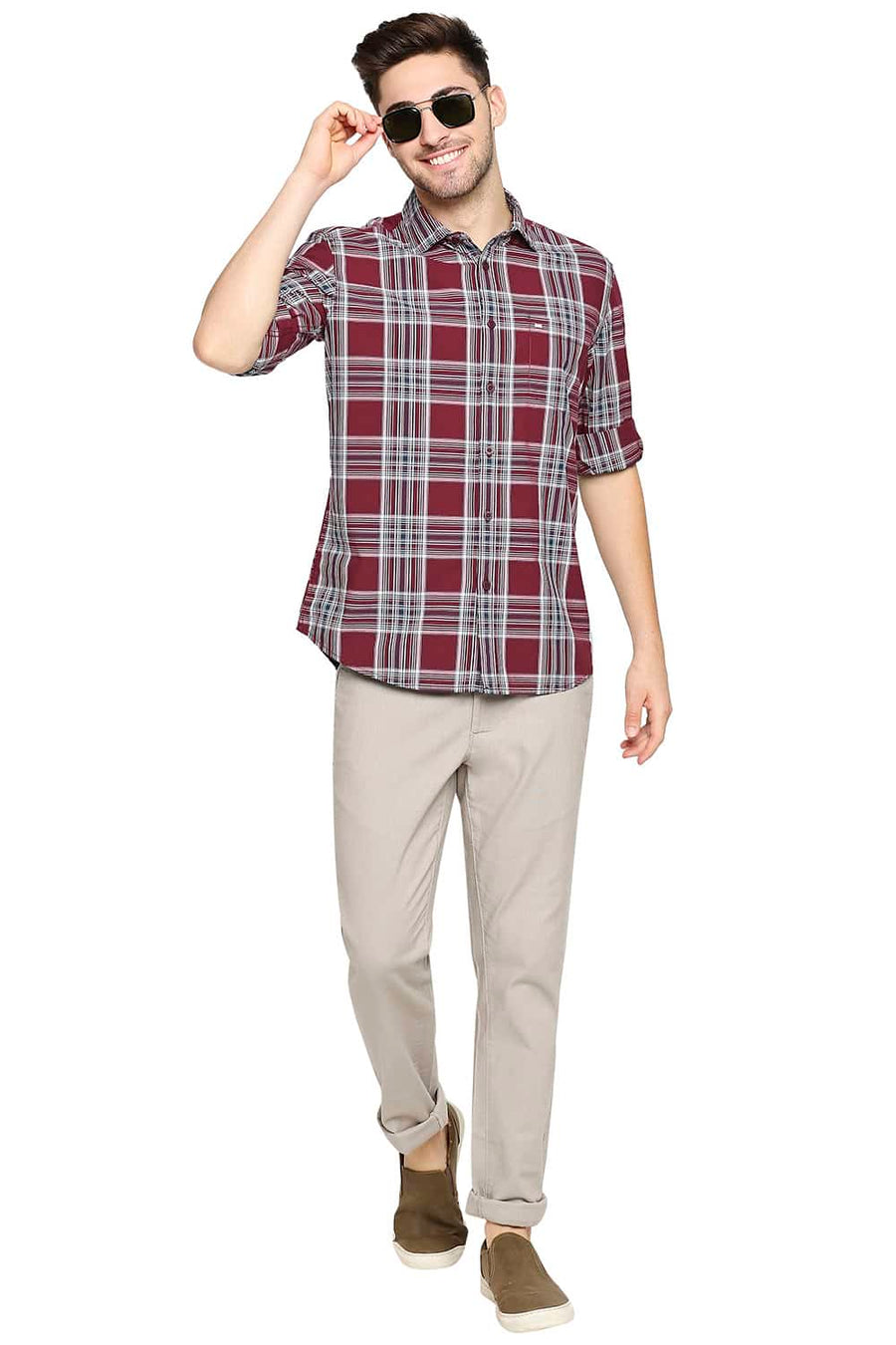 BASICS SLIM FIT TIBETAN RED CHECKS SHIRT