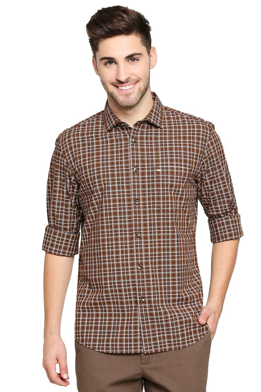 BASICS SLIM FIT BISTRE BROWN CHECKS SHIRT