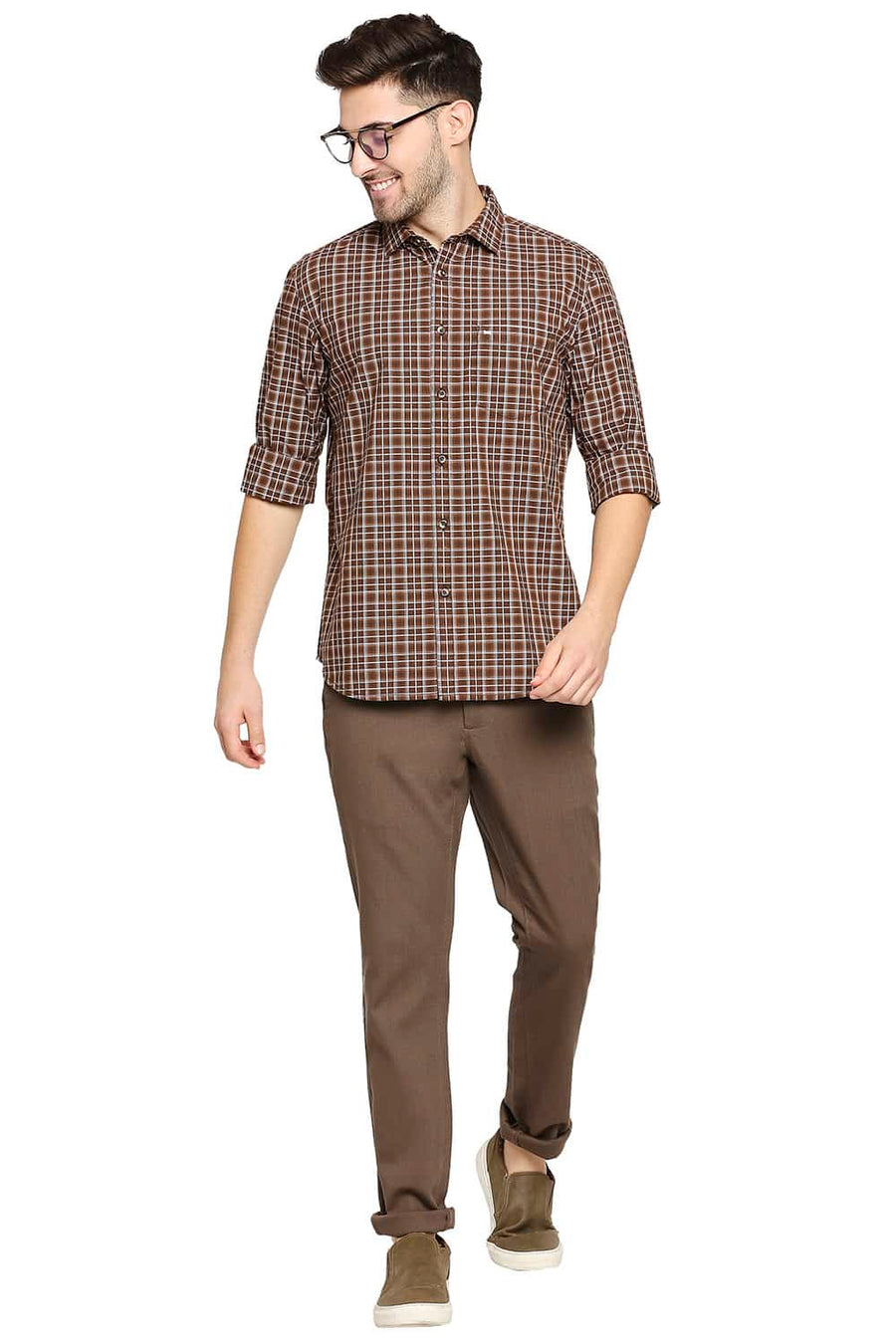 BASICS SLIM FIT BISTRE BROWN CHECKS SHIRT