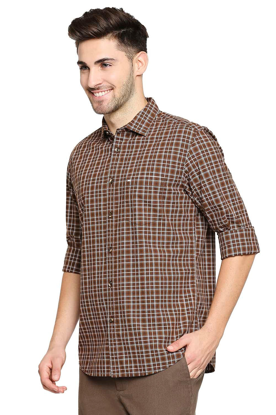 BASICS SLIM FIT BISTRE BROWN CHECKS SHIRT