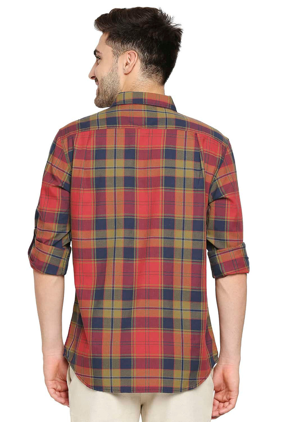 BASICS SLIM FIT CARDINAL RED TWILL CHECKS SHIRT