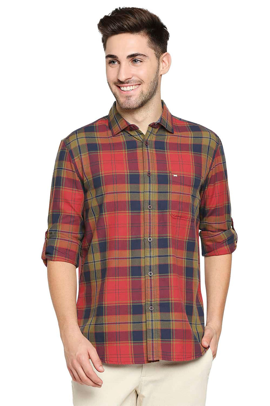 BASICS SLIM FIT CARDINAL RED TWILL CHECKS SHIRT