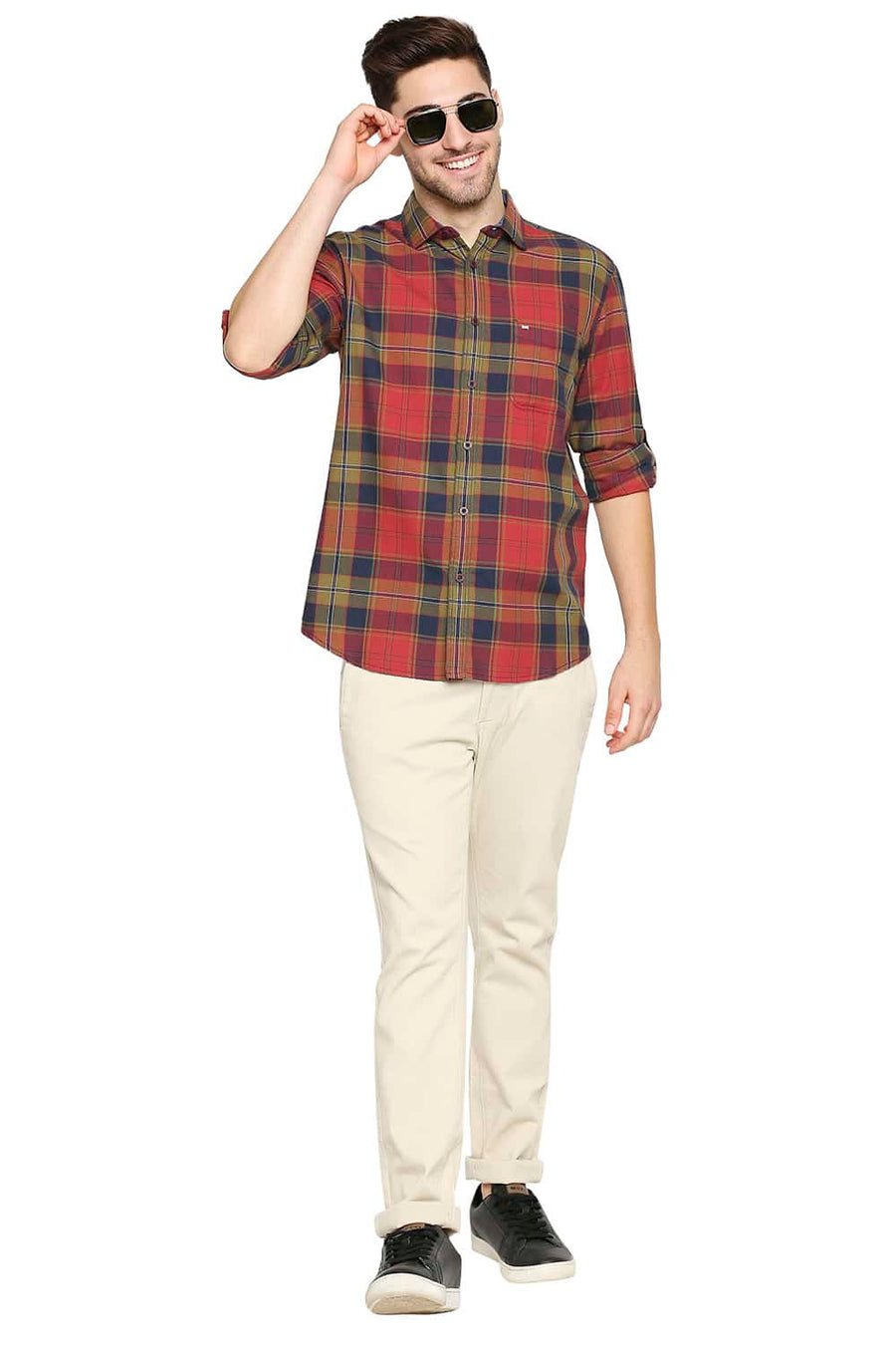 BASICS SLIM FIT CARDINAL RED TWILL CHECKS SHIRT