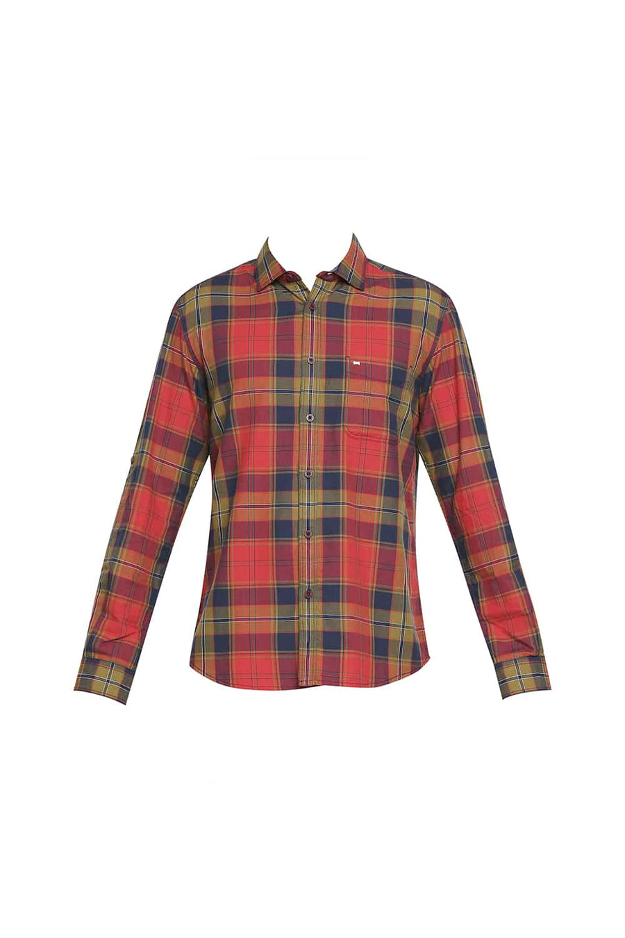 BASICS SLIM FIT CARDINAL RED TWILL CHECKS SHIRT