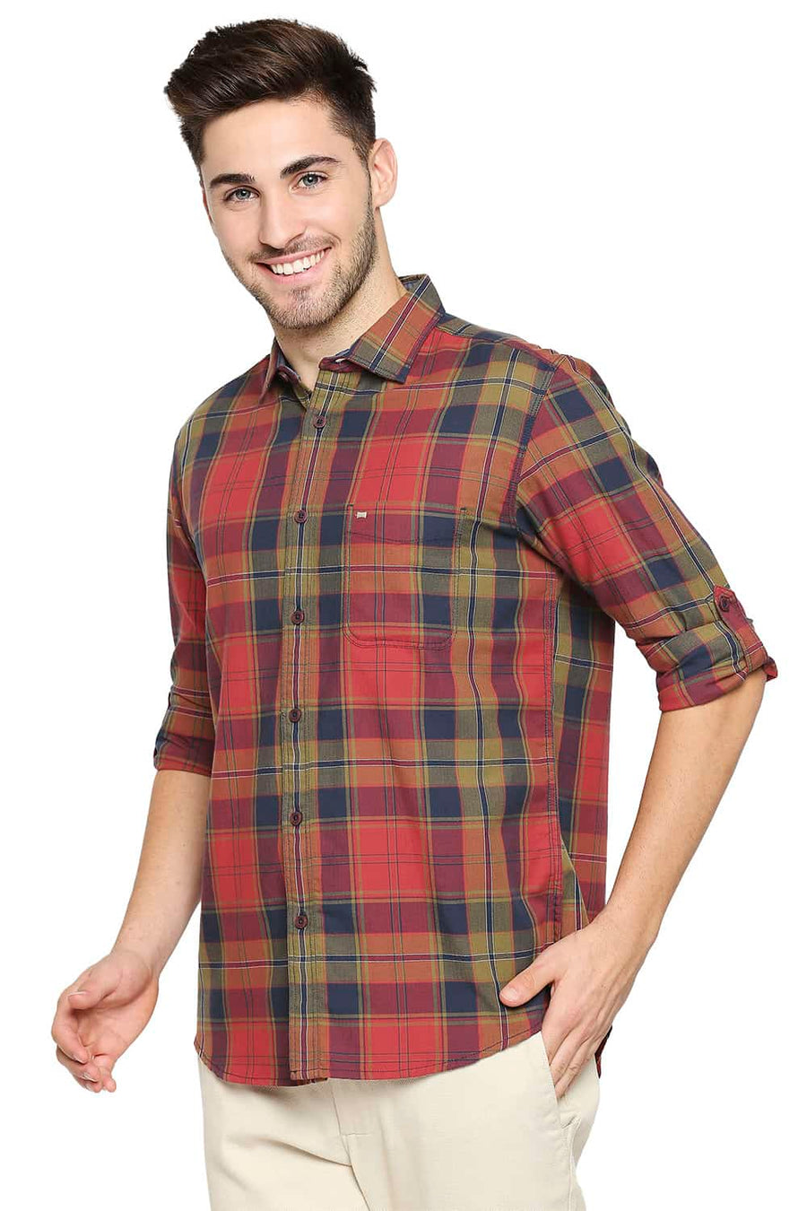 BASICS SLIM FIT CARDINAL RED TWILL CHECKS SHIRT