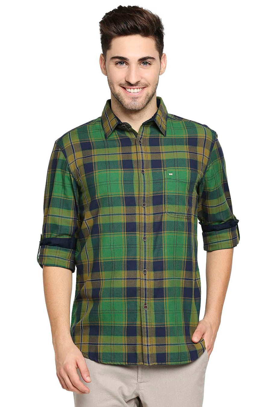 BASICS SLIM FIT JUNIPER GREEN TWILL CHECKS SHIRT