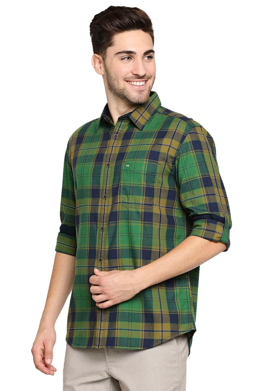 BASICS SLIM FIT JUNIPER GREEN TWILL CHECKS SHIRT