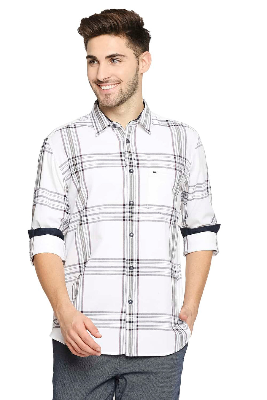 BASICS SLIM FIT CLOUD WHITE TWILL CHECKS SHIRT