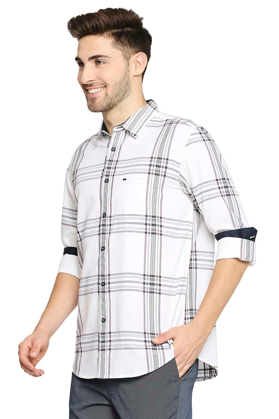 BASICS SLIM FIT CLOUD WHITE TWILL CHECKS SHIRT