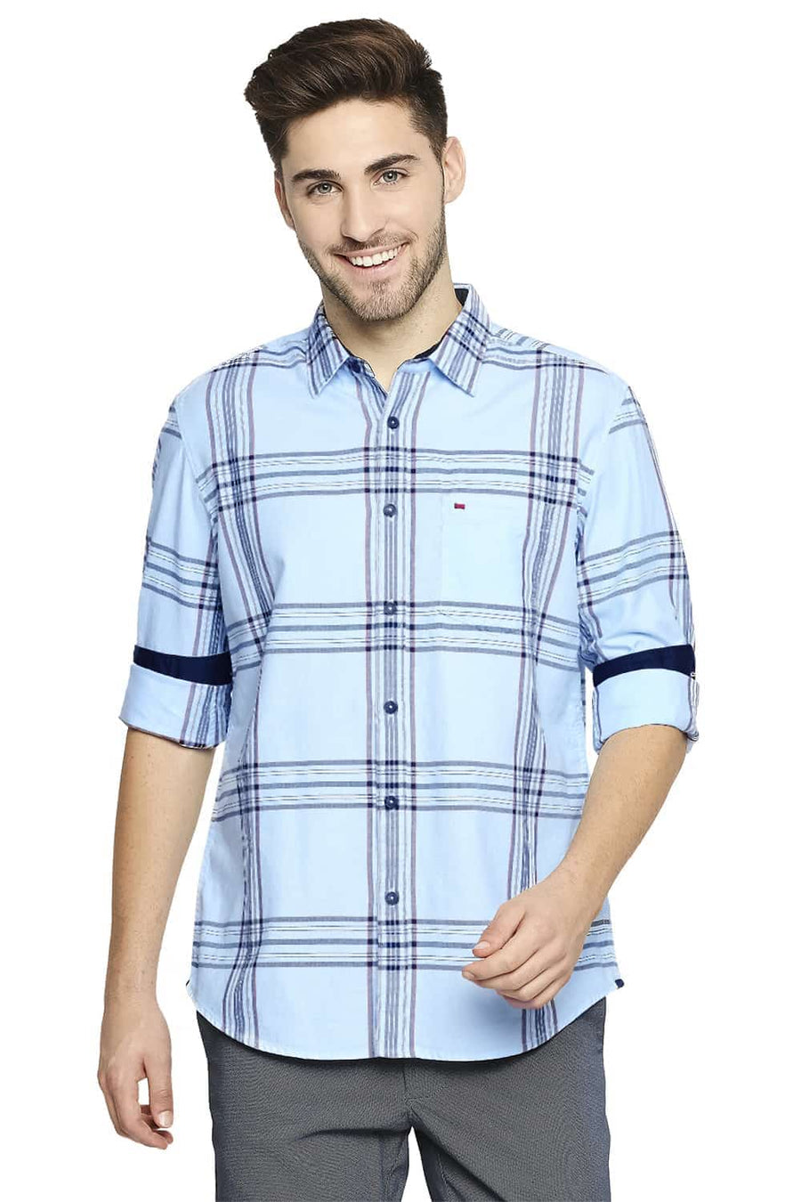 BASICS SLIM FIT DREAM BLUE TWILL CHECKS SHIRT