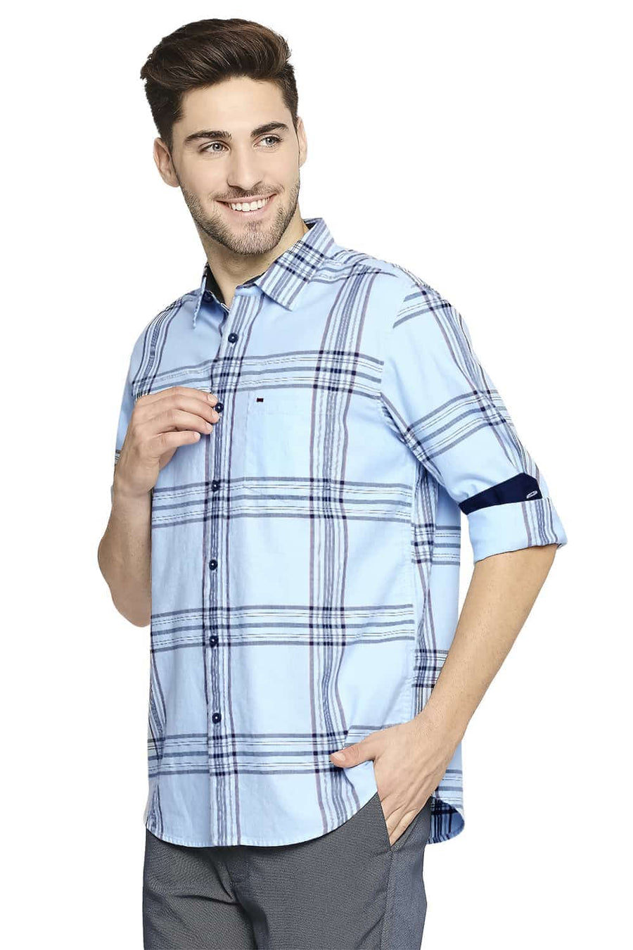 BASICS SLIM FIT DREAM BLUE TWILL CHECKS SHIRT