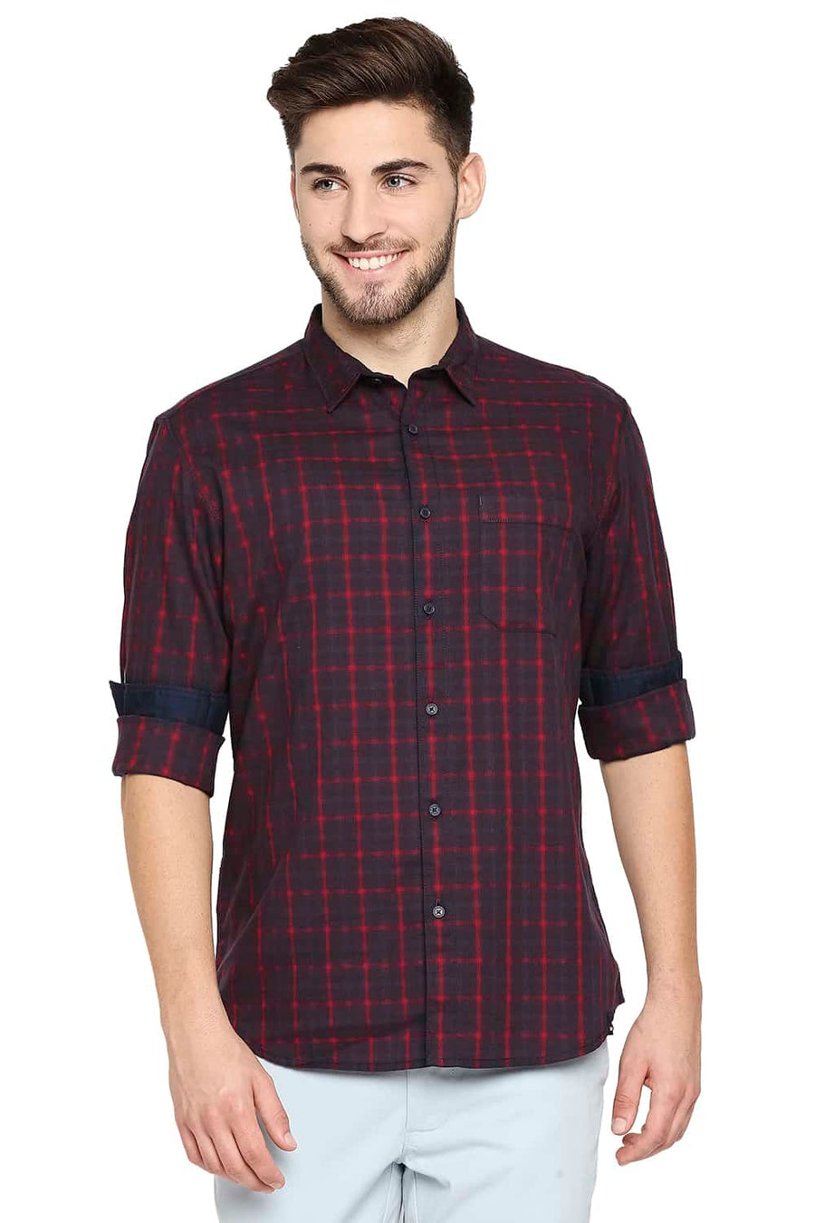BASICS SLIM FIT JALAPENO RED OXFORD CHECKS SHIRT