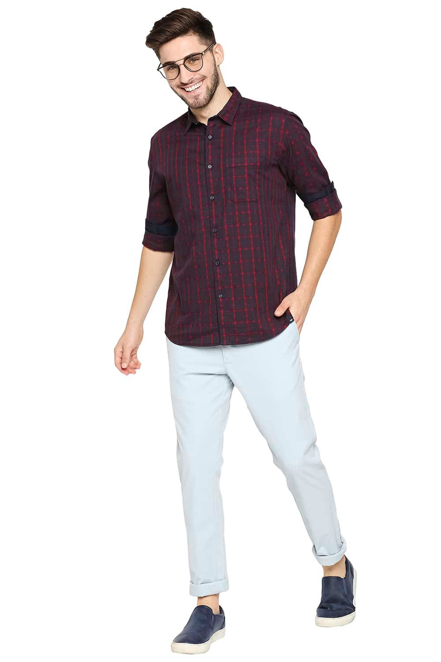 BASICS SLIM FIT JALAPENO RED OXFORD CHECKS SHIRT