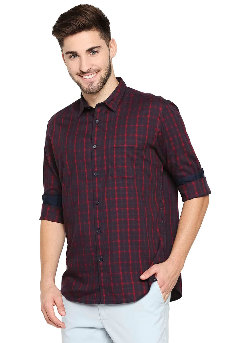 BASICS SLIM FIT JALAPENO RED OXFORD CHECKS SHIRT
