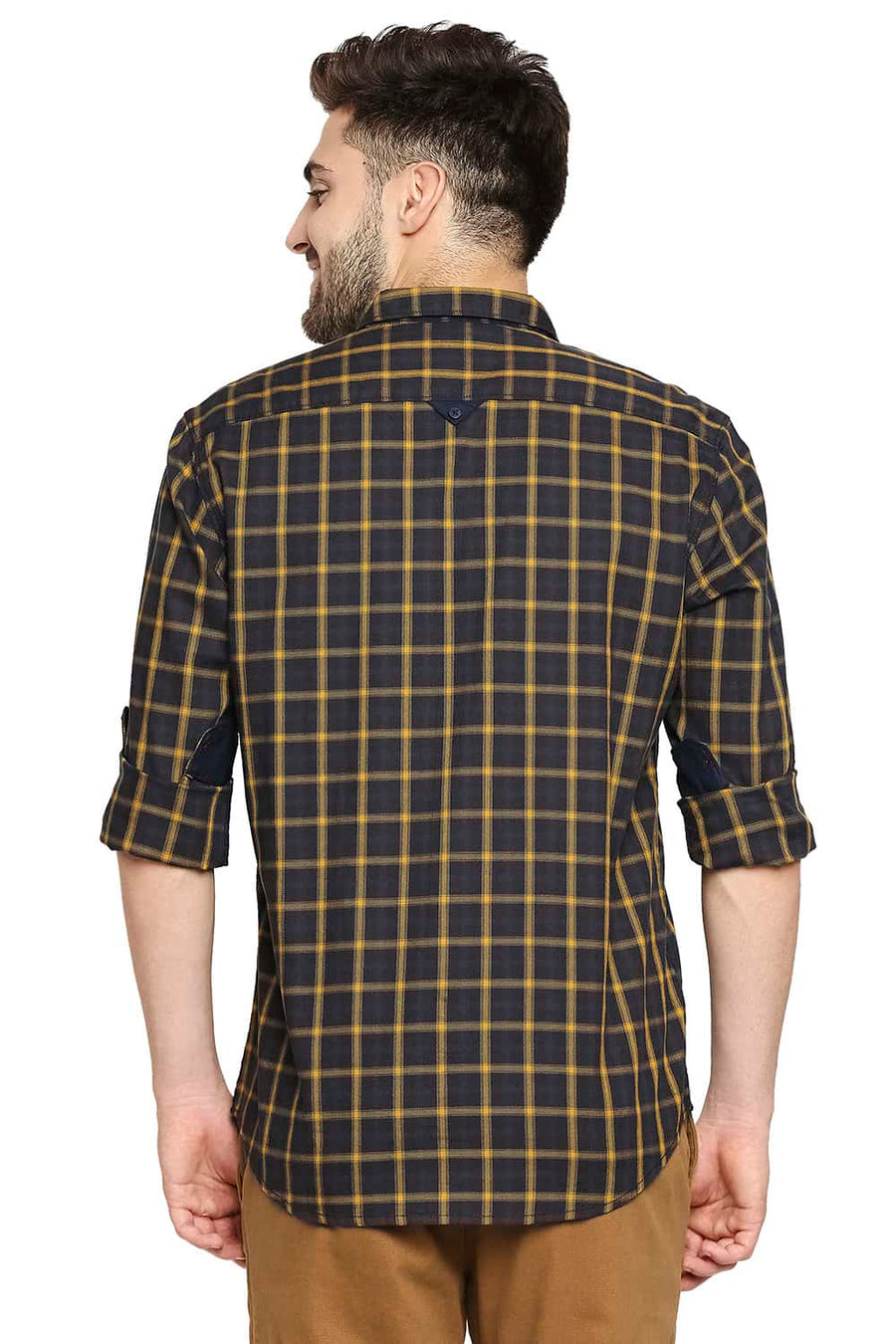 BASICS SLIM FIT HONEY YELLOW OXFORD CHECKS SHIRT