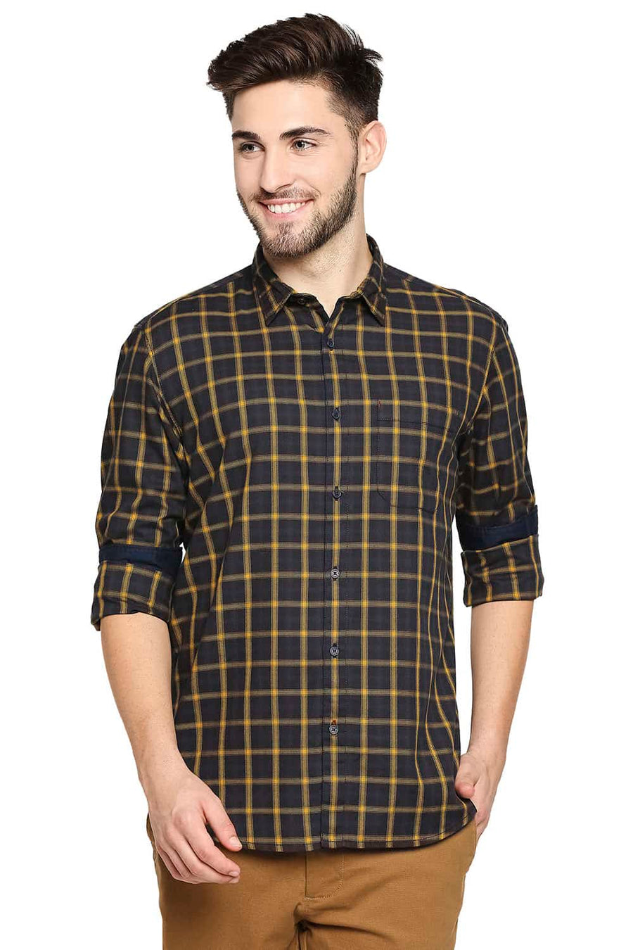 BASICS SLIM FIT HONEY YELLOW OXFORD CHECKS SHIRT