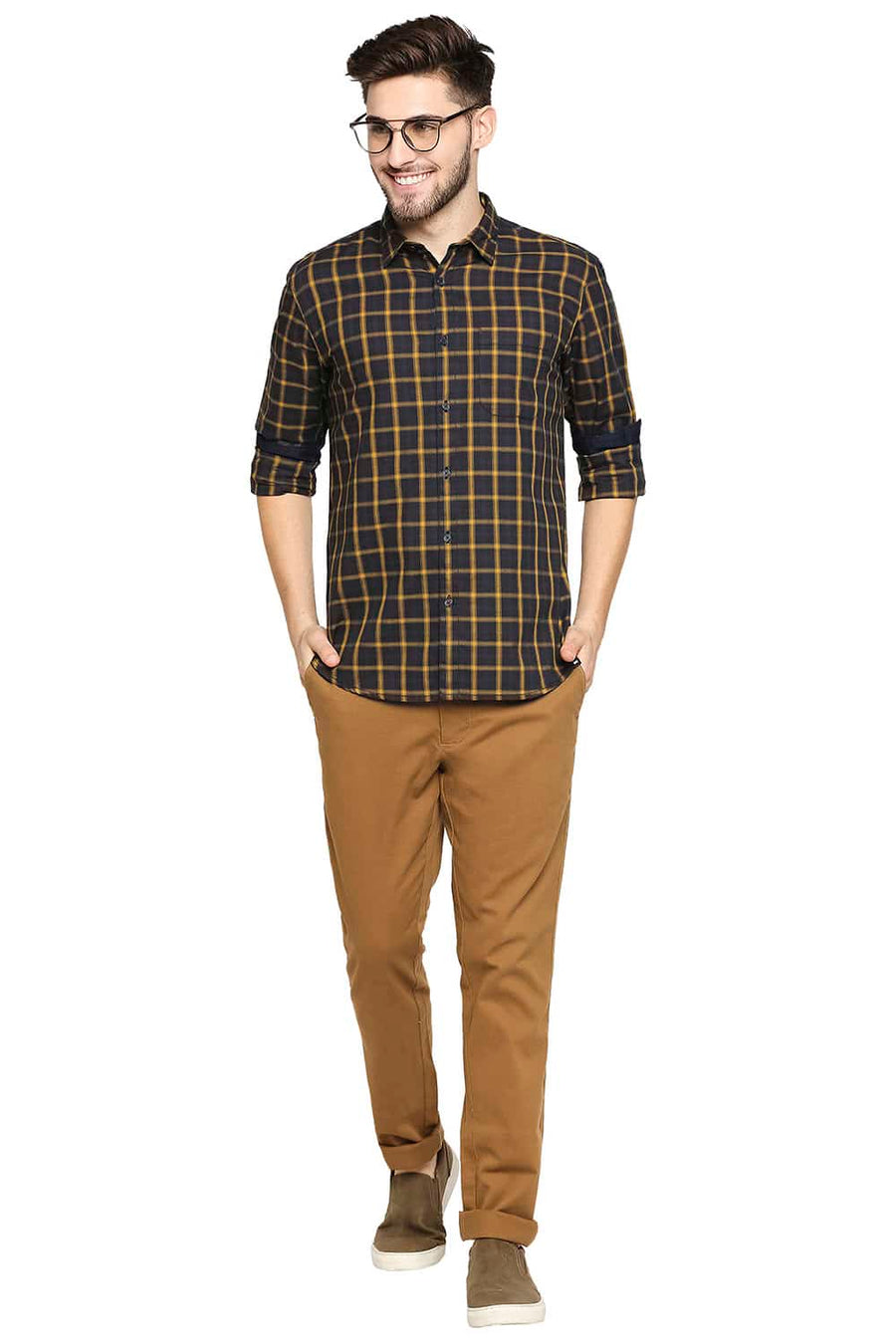 BASICS SLIM FIT HONEY YELLOW OXFORD CHECKS SHIRT