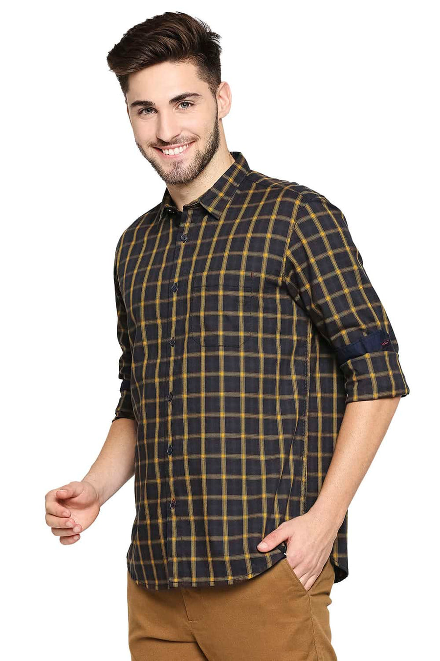 BASICS SLIM FIT HONEY YELLOW OXFORD CHECKS SHIRT