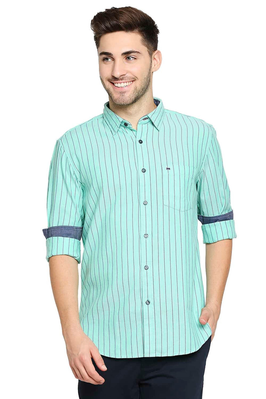 BASICS SLIM FIT JADE GREEN STRIPE SHIRT