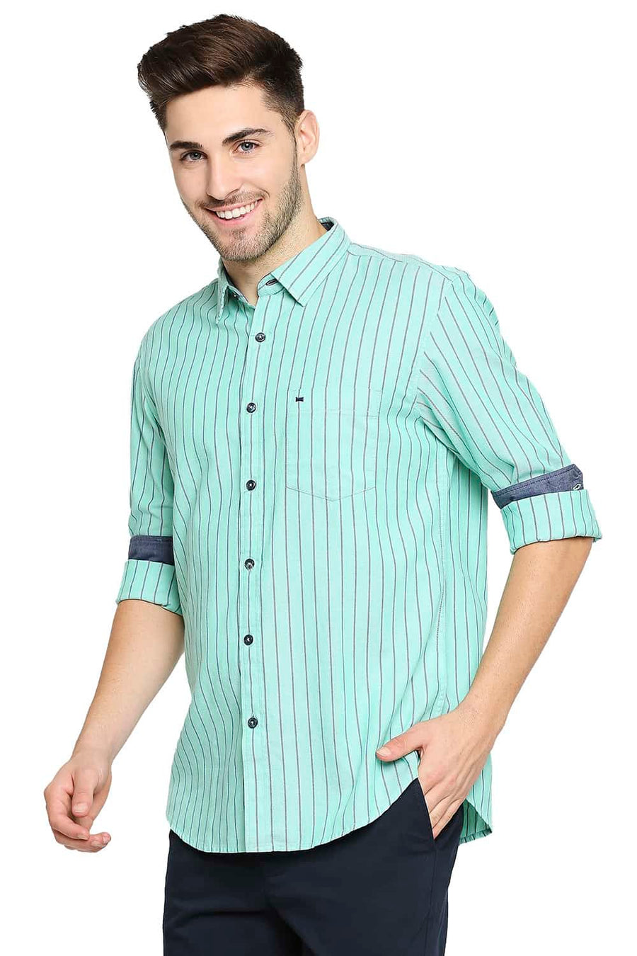 BASICS SLIM FIT JADE GREEN STRIPE SHIRT
