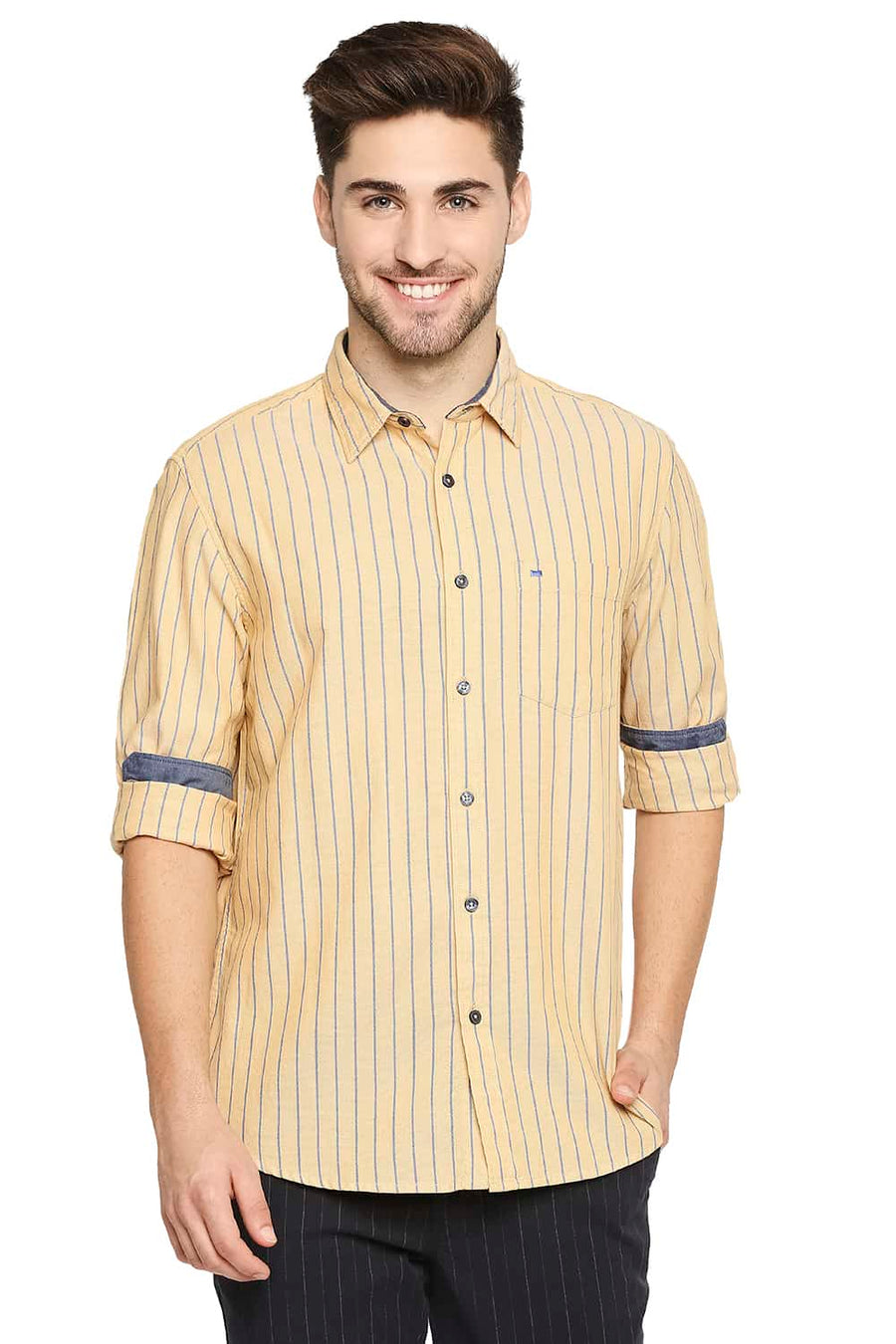 BASICS SLIM FIT GOLDEN YELLOW STRIPE SHIRT