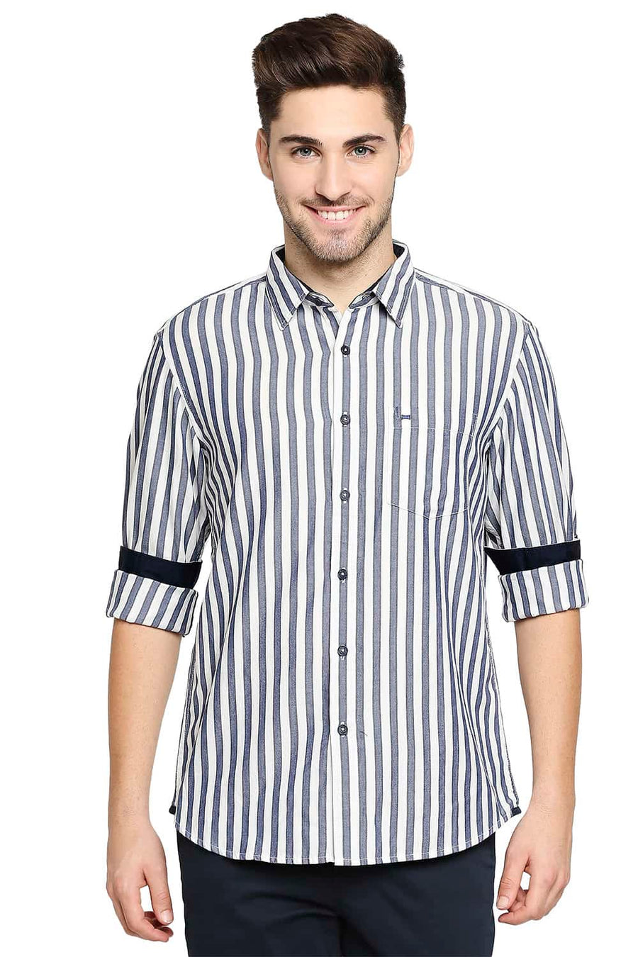BASICS SLIM FIT SEA BLUE STRIPE SHIRT