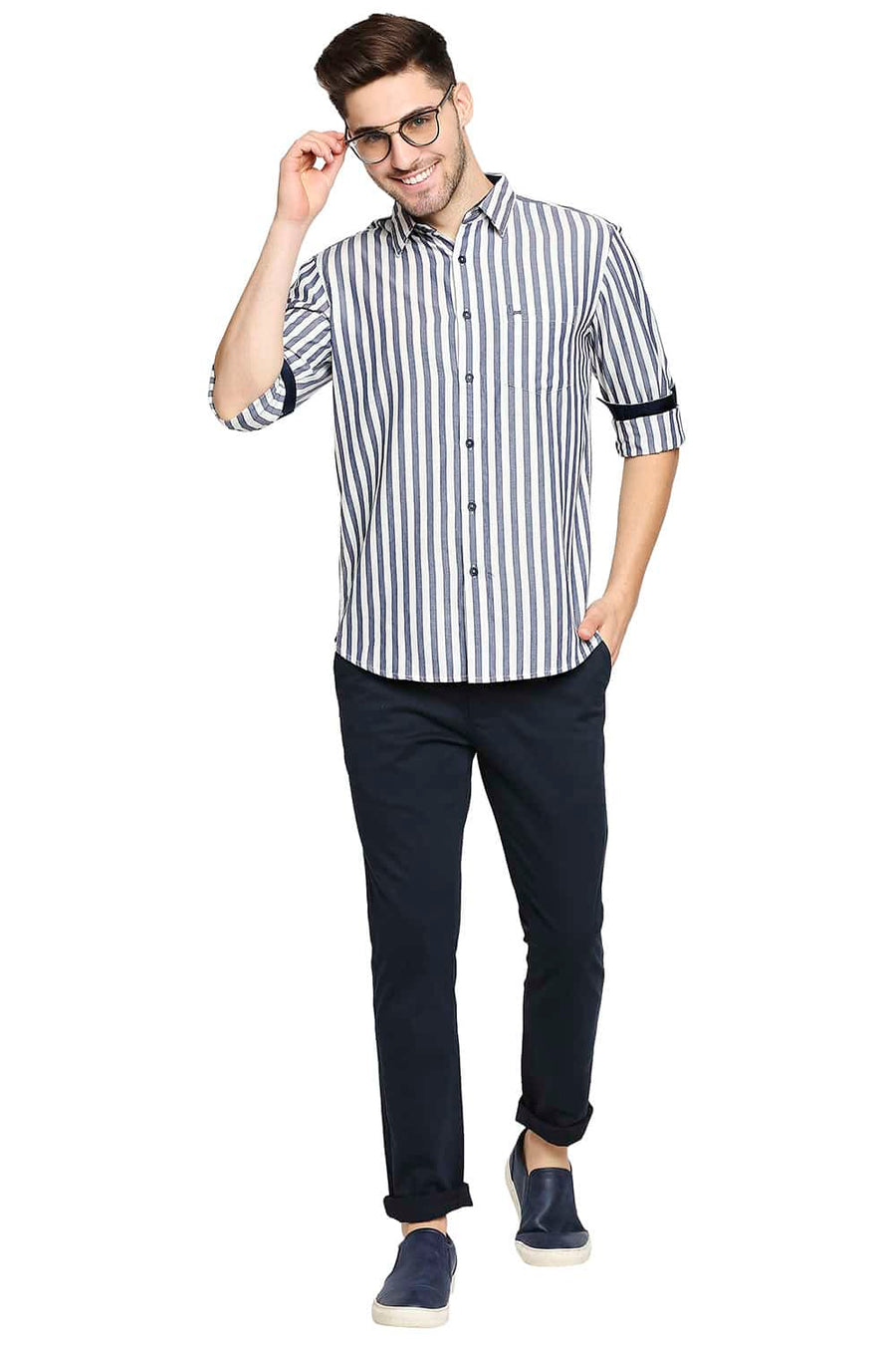 BASICS SLIM FIT SEA BLUE STRIPE SHIRT