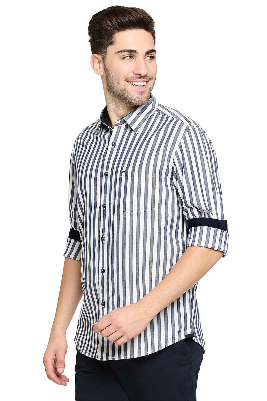BASICS SLIM FIT SEA BLUE STRIPE SHIRT