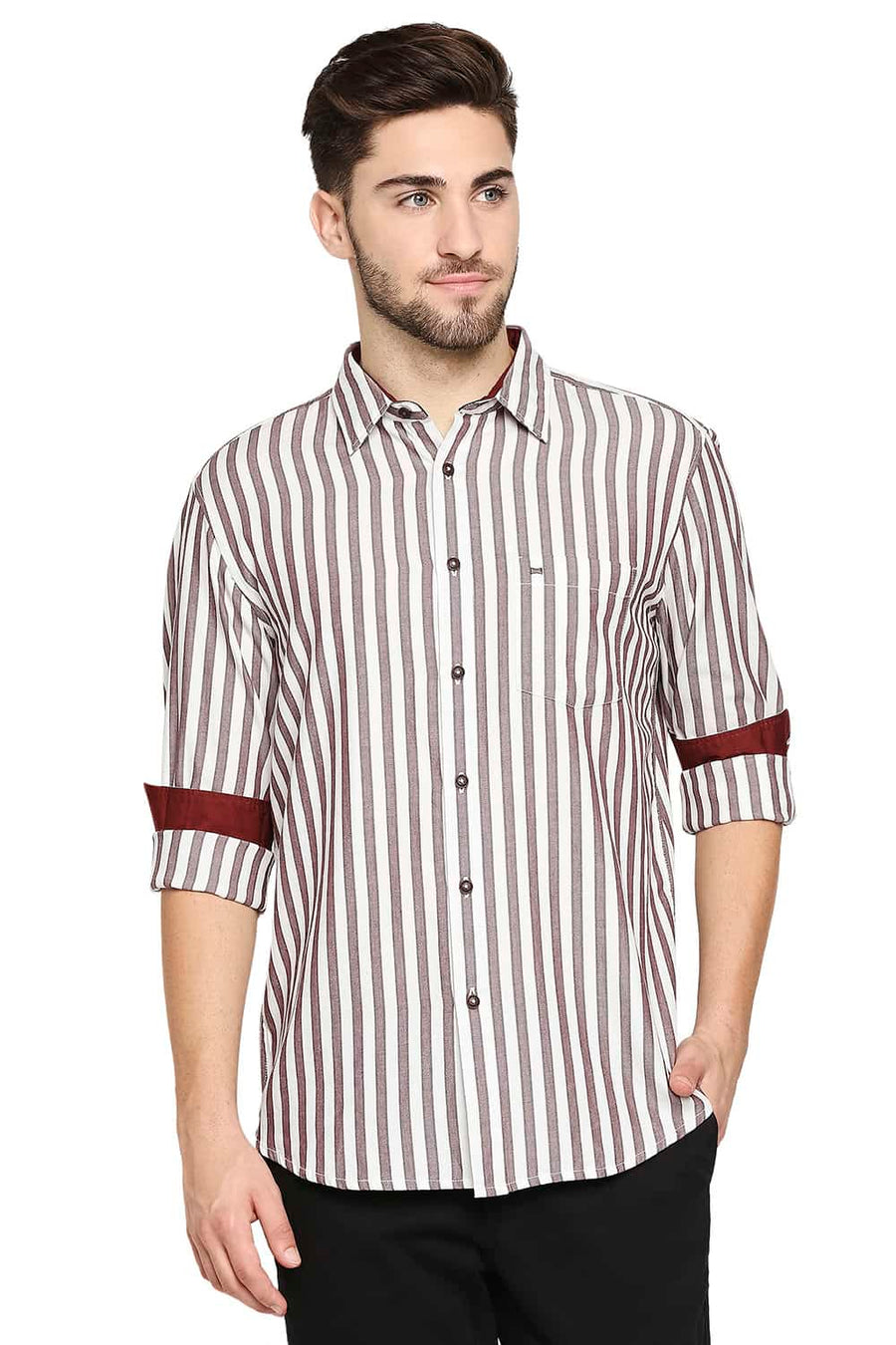 BASICS SLIM FIT ANDORA MAROON STRIPE SHIRT