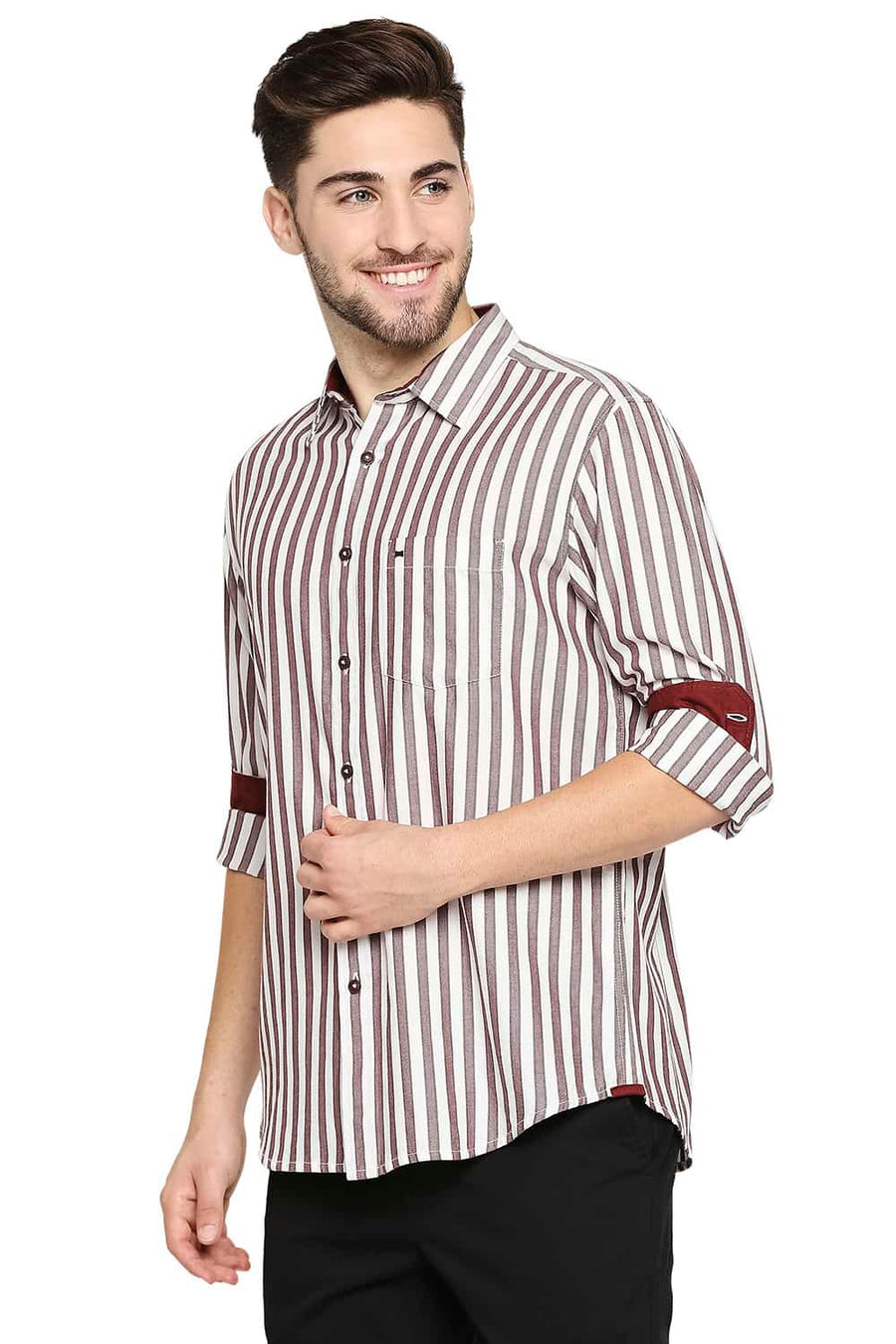 BASICS SLIM FIT ANDORA MAROON STRIPE SHIRT