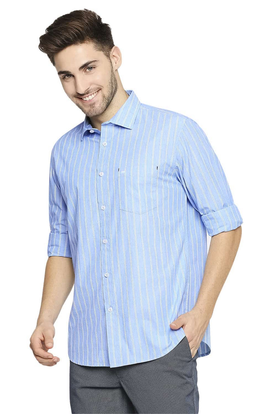 BASICS SLIM FIT IBIZA BLUE STRIPE SHIRT