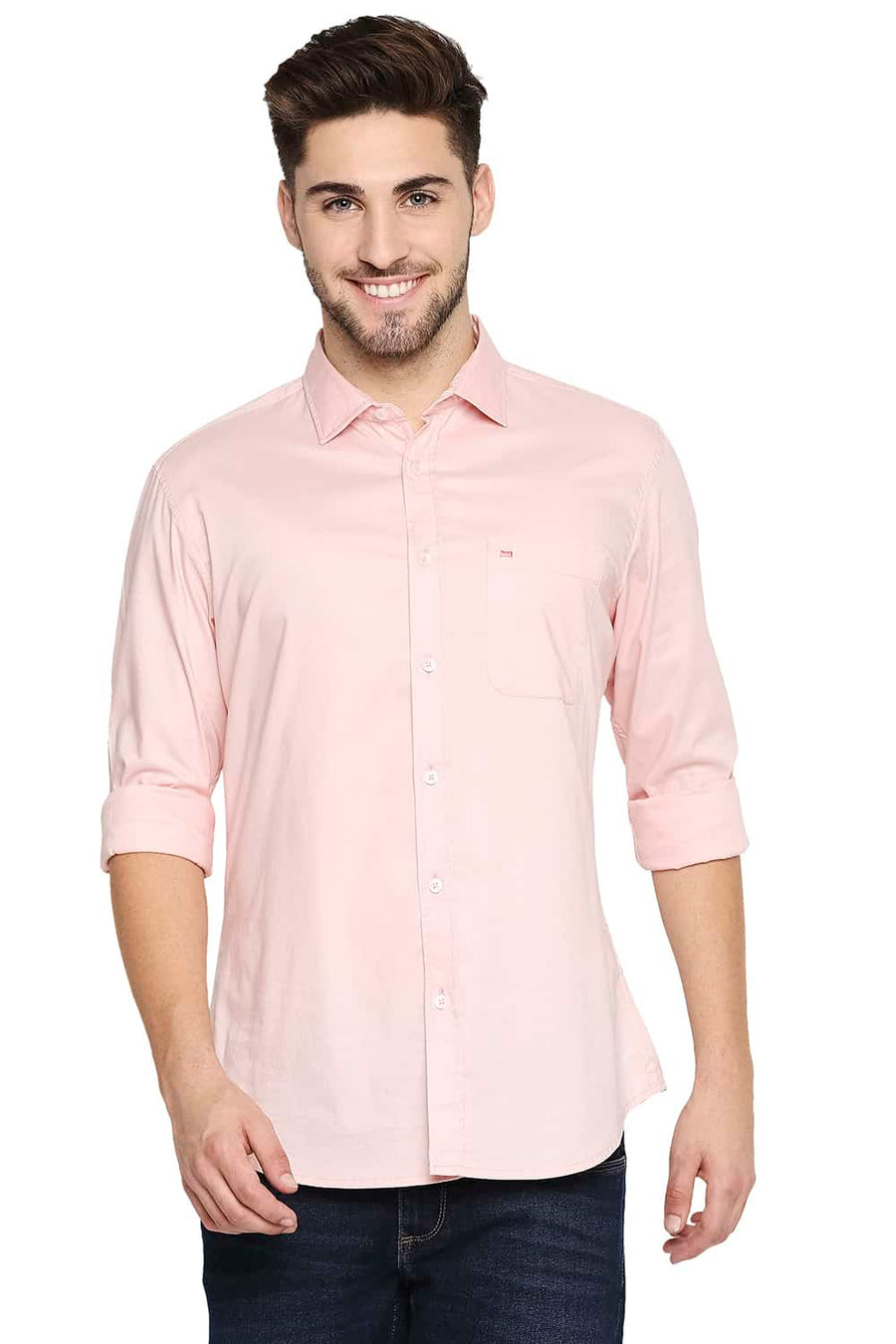 BASICS SLIM FIT POWDER PEACH OXFORD SHIRT