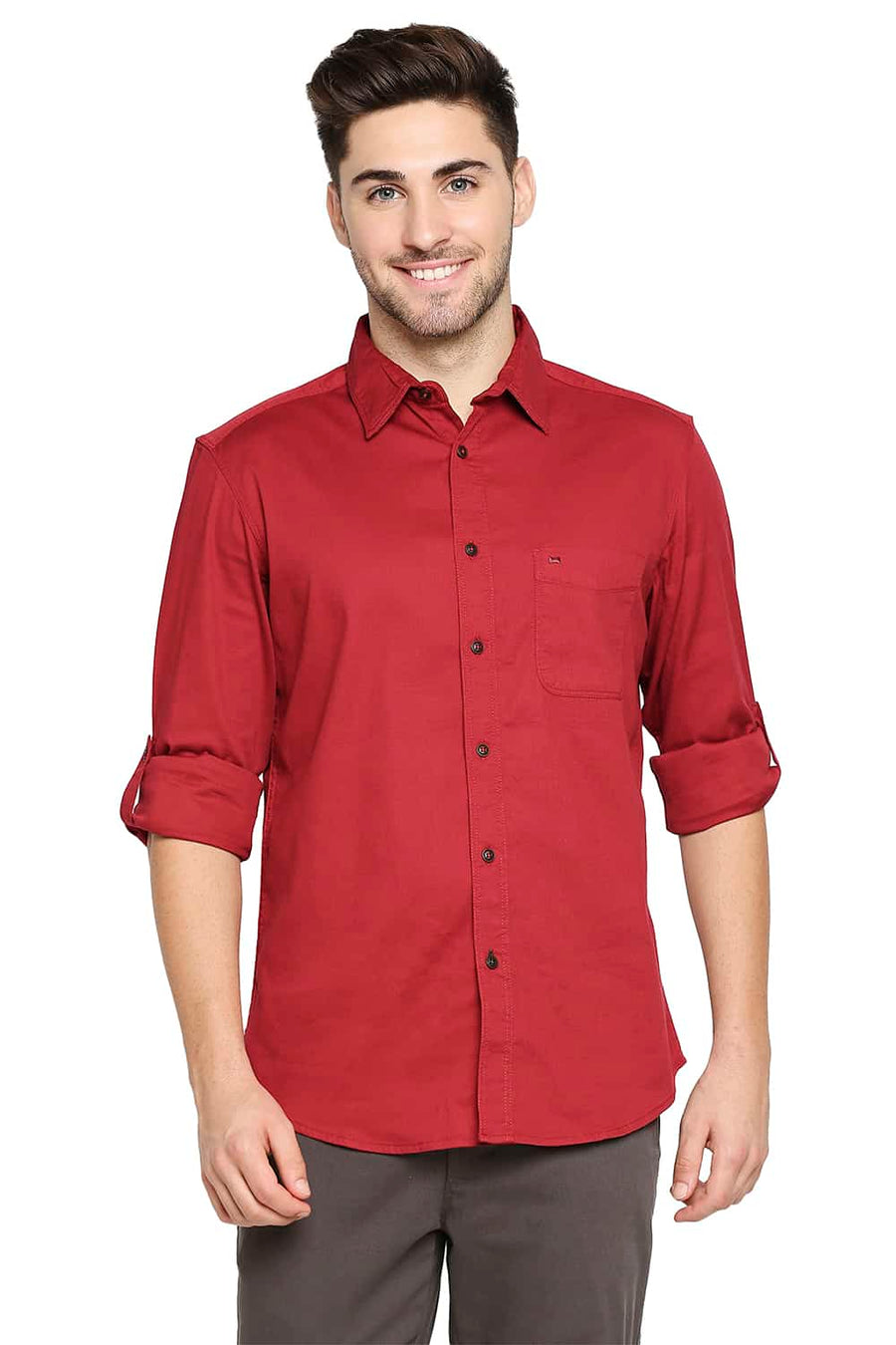 BASICS SLIM FIT TANGO RED DOBBY STRETCH SHIRT