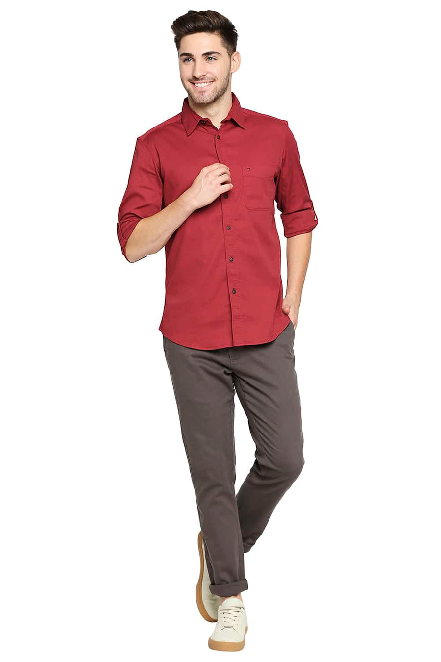 BASICS SLIM FIT TANGO RED DOBBY STRETCH SHIRT