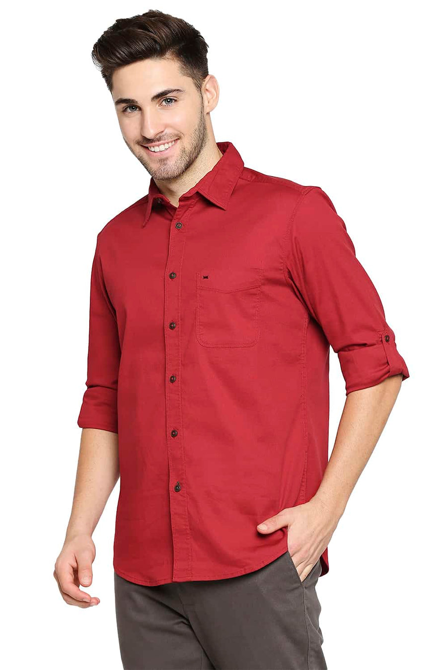 BASICS SLIM FIT TANGO RED DOBBY STRETCH SHIRT