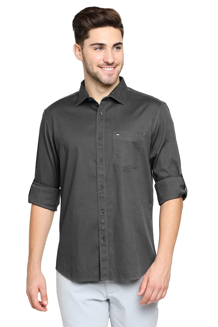 BASICS SLIM FIT EBONY GREY DOBBY STRETCH SHIRT