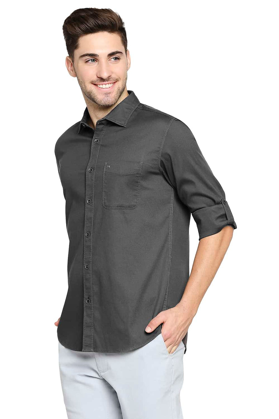 BASICS SLIM FIT EBONY GREY DOBBY STRETCH SHIRT