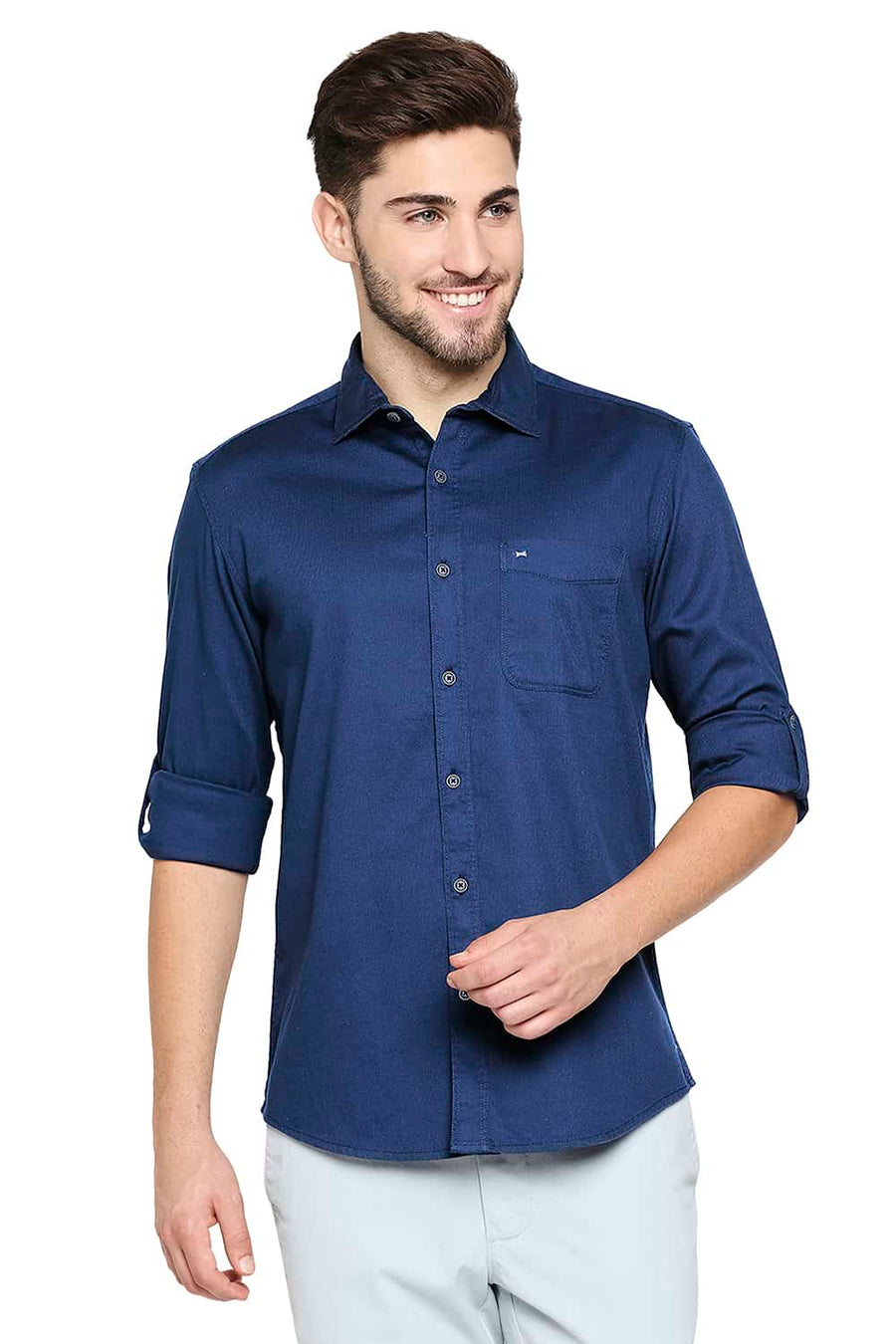 BASICS SLIM FIT ENSIGN BLUE DOBBY STRETCH SHIRT