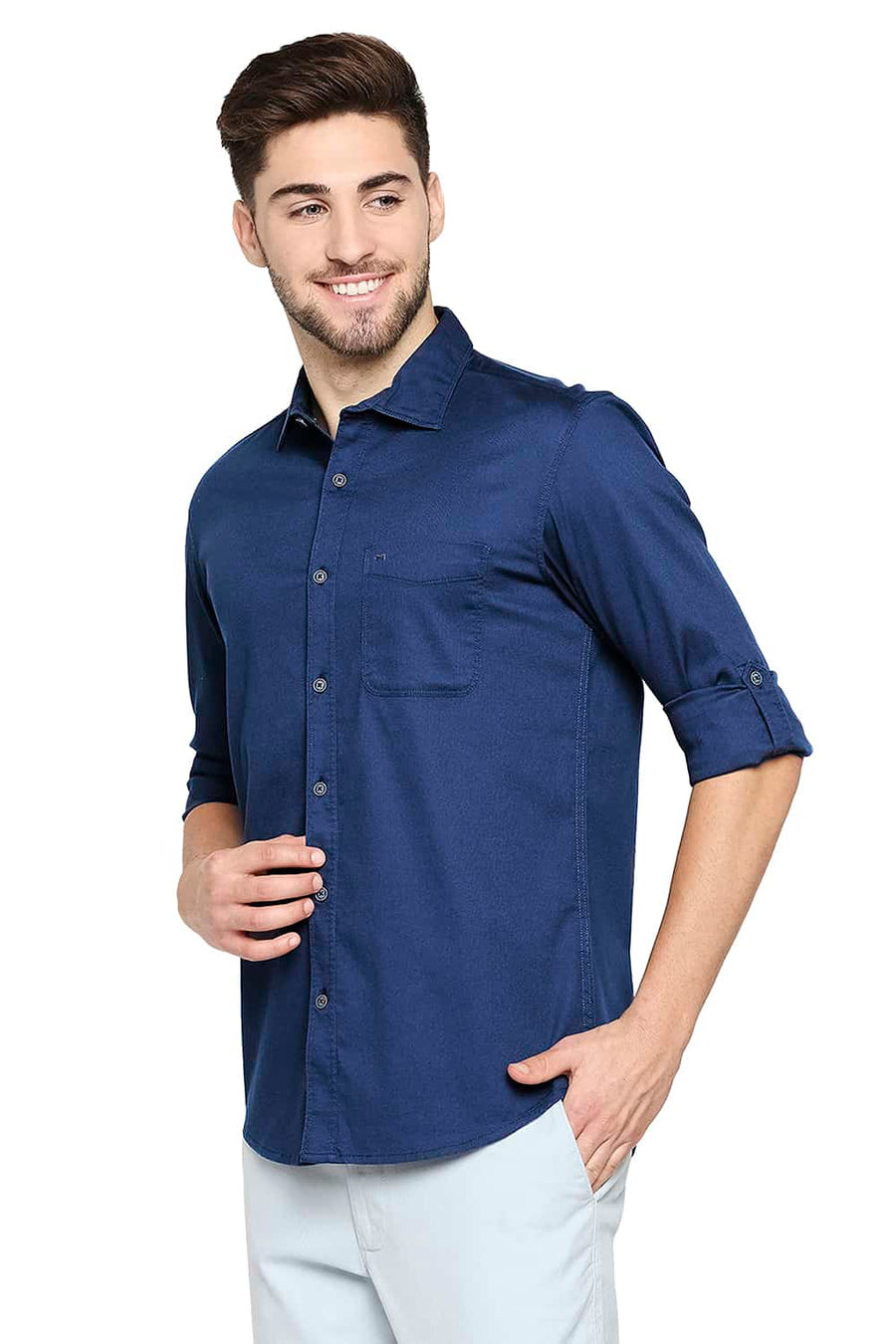 BASICS SLIM FIT ENSIGN BLUE DOBBY STRETCH SHIRT