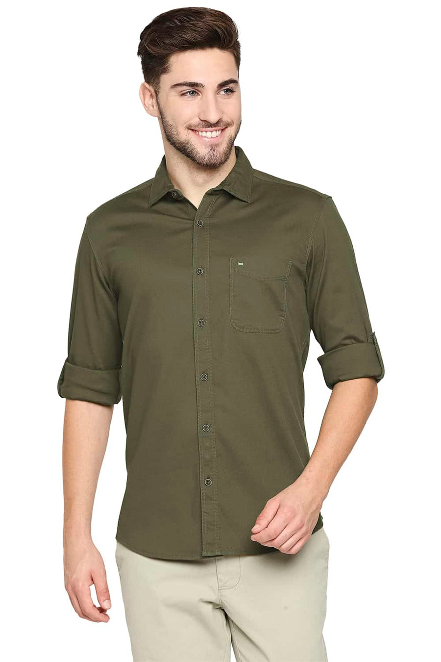 BASICS SLIM FIT WINTER GREEN DOBBY STRETCH SHIRT