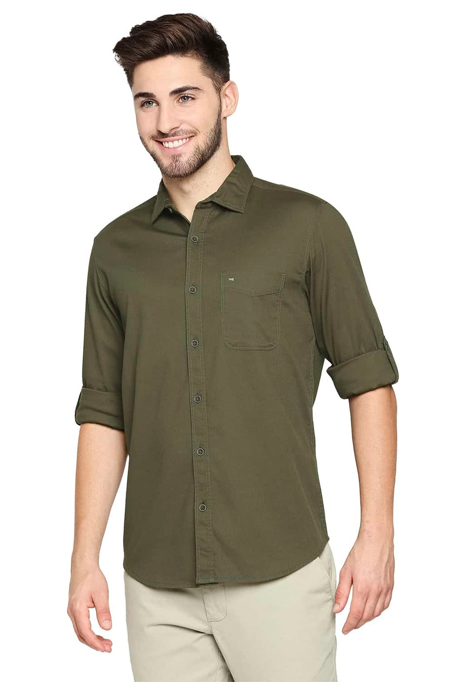 BASICS SLIM FIT WINTER GREEN DOBBY STRETCH SHIRT