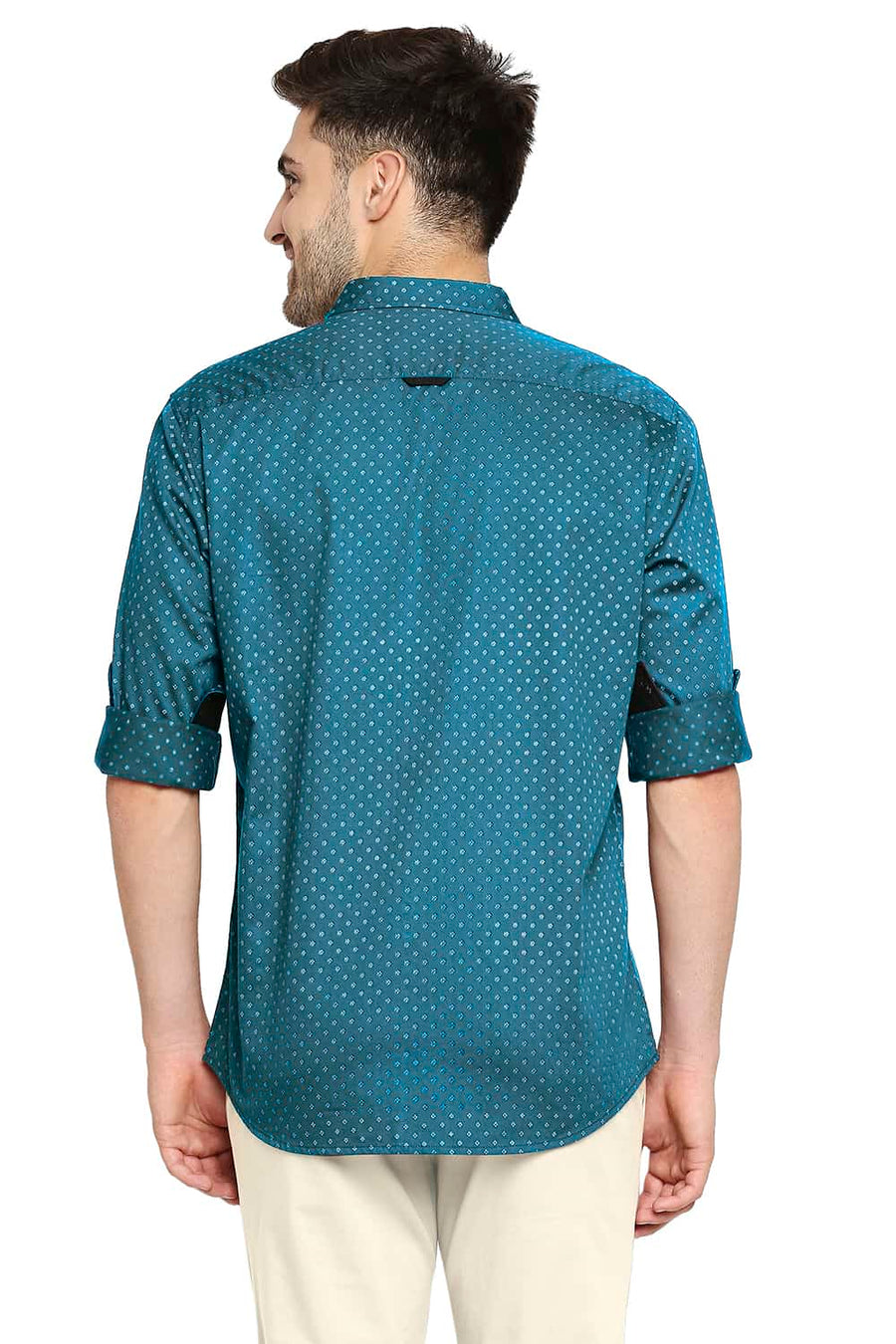 BASICS SLIM FIT LAGOON GREEN SATIN PRINTED SHIRT