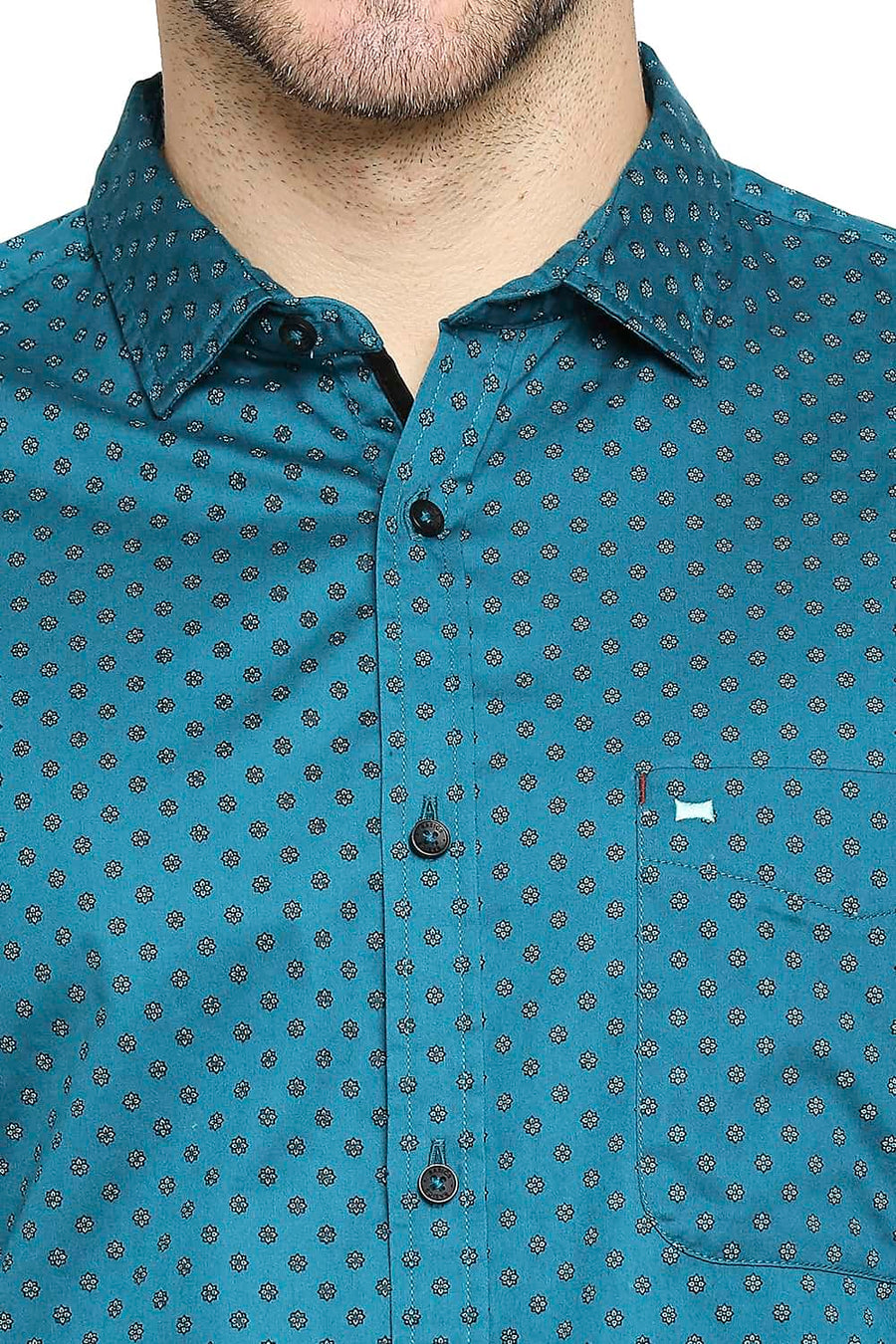 BASICS SLIM FIT LAGOON GREEN SATIN PRINTED SHIRT