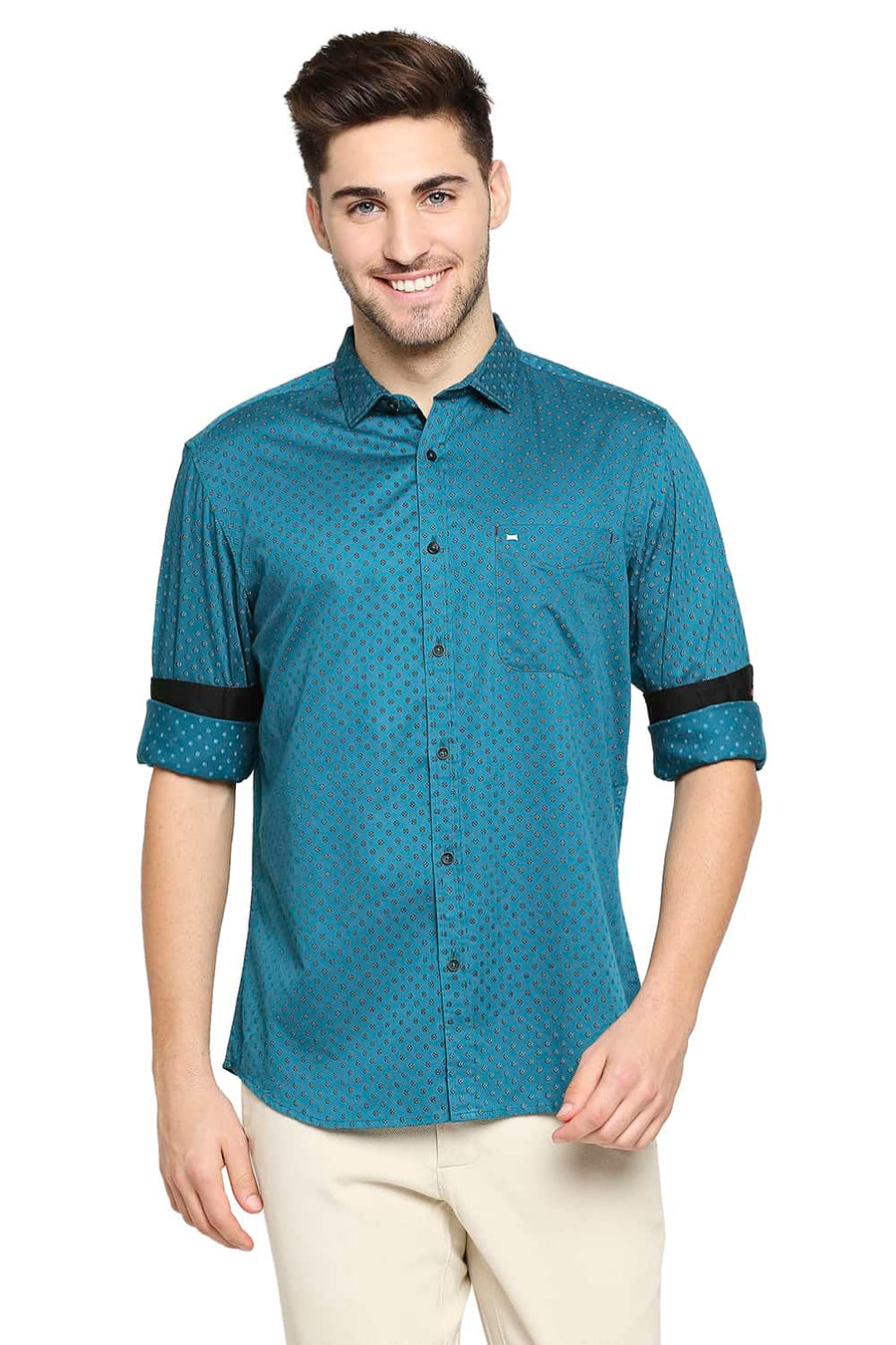 BASICS SLIM FIT LAGOON GREEN SATIN PRINTED SHIRT