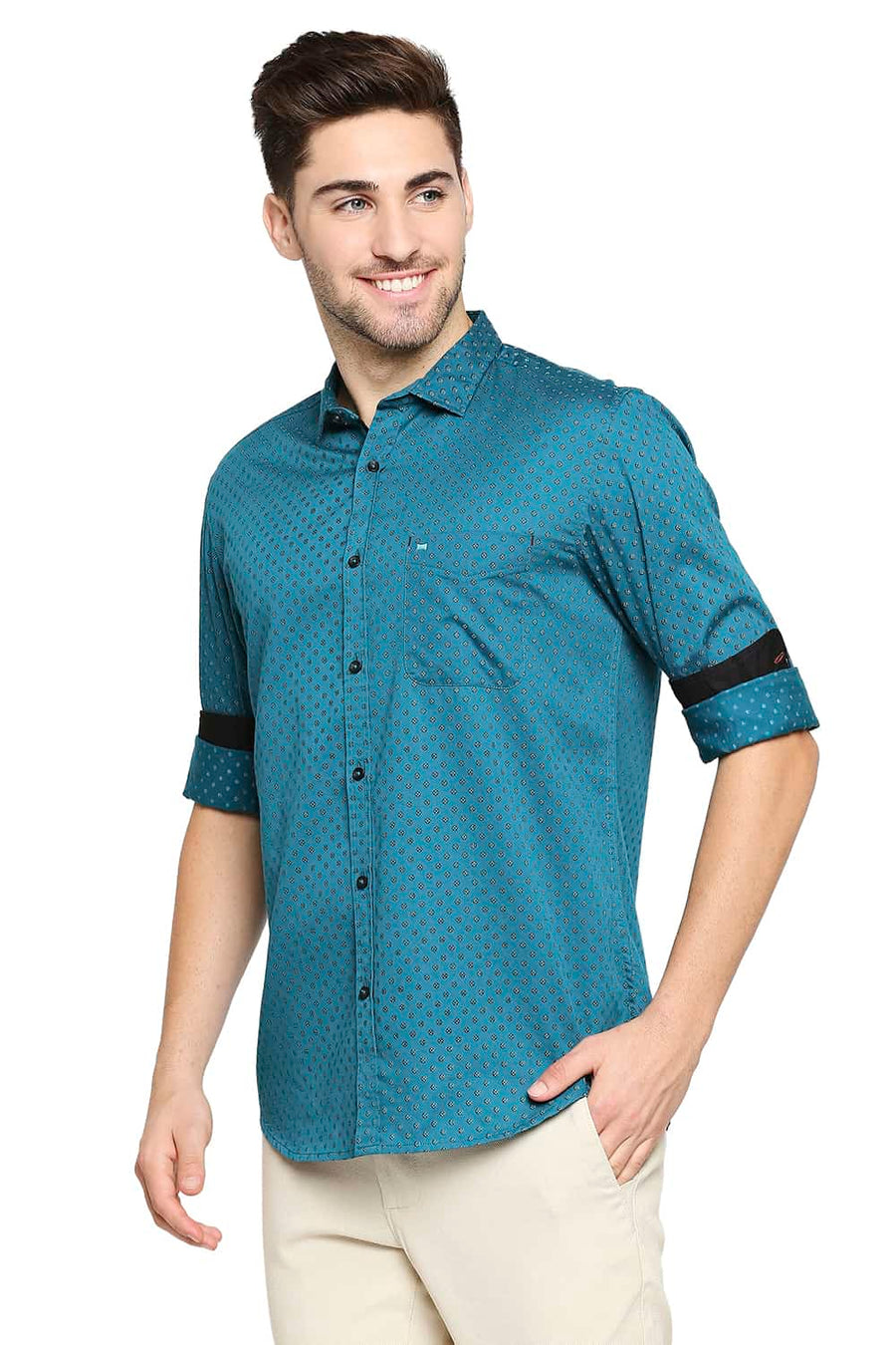 BASICS SLIM FIT LAGOON GREEN SATIN PRINTED SHIRT