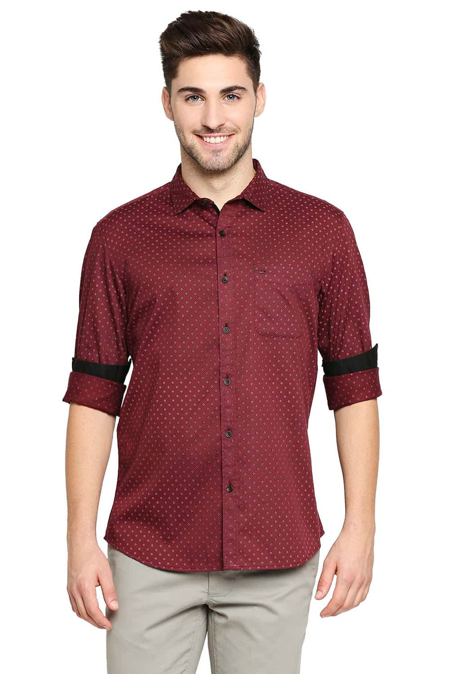 BASICS SLIM FIT RUBY RED SATIN PRINTED SHIRT
