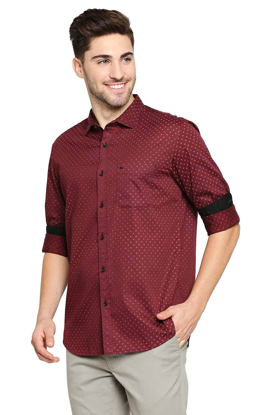BASICS SLIM FIT RUBY RED SATIN PRINTED SHIRT